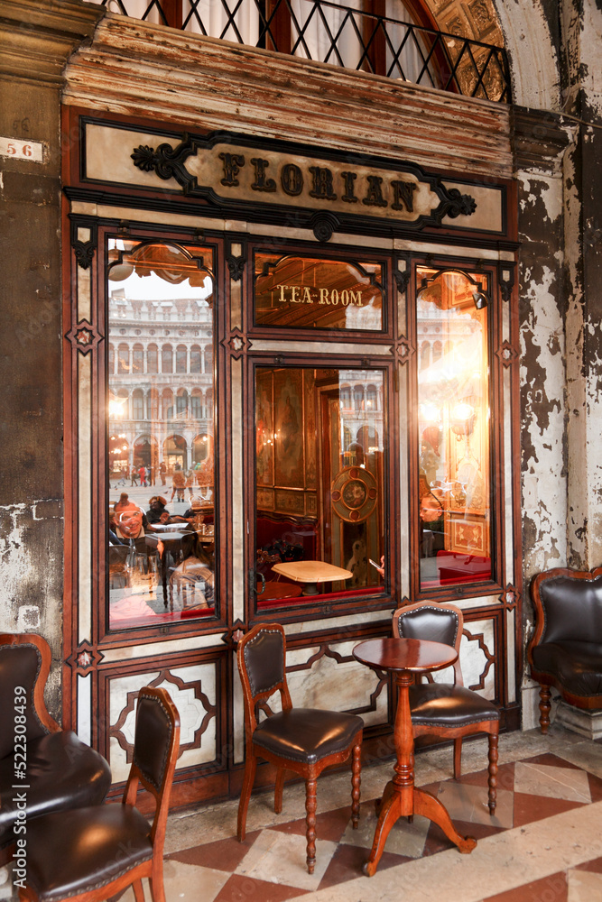 Old Traditional Bar Caffe Florian in St. Marks Square; Venice, Veneto; Italy - obrazy, fototapety, plakaty 