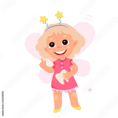 Happy tooth fairy holding lost molar from mouth of baby vector illustration. Cartoon isolated princess with pink wings, tiara and dress flying to little children to help with dental care and hygiene