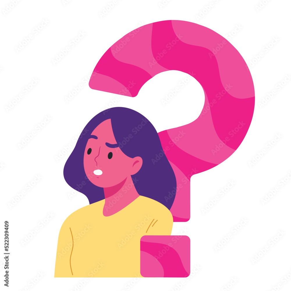 Big pink question mark with a woman making curious face expression isolated on white background. Icon for information, customer support, FAQ or Q and A. Flat vector illustration. 
