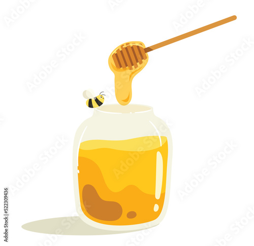 Vector illustration of honey in the jar with  Wooden Stick Honey Dipper and little bee isolated on white background. Illustration for sweet and natural product.