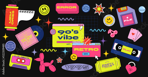 Retro 70s, 80s, 90s hippie stickers, psychedelic acid elements. Funky cartoon cassettes, vinyl, smile, record, music, film photo stock vintage set of groovy style vector elements.