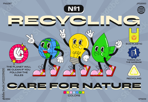 Cartoon characters on the theme of recycling: planet earth, light bulb, leaf. poster with eco-friendly stickers. funny colorful characters in doodle style. Set of comic elements in trendy retro carto 