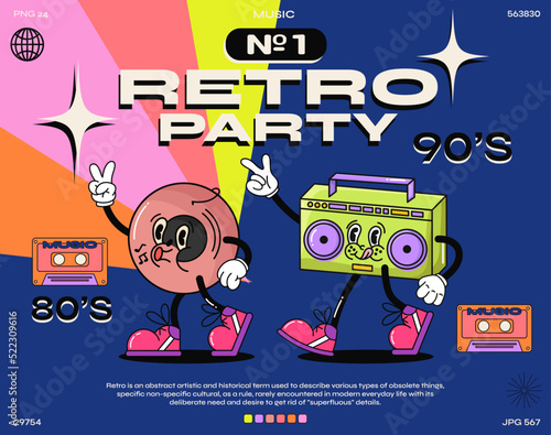 Funny cartoon character. fashion poster. Vector illustration of vinyl record  tape recorder and retro cassette in 90s music style. Set of comic elements in trendy retro cartoon style.