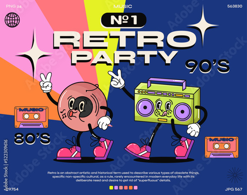Funny cartoon character. fashion poster. Vector illustration of vinyl record, tape recorder and retro cassette in 90s music style. Set of comic elements in trendy retro cartoon style.