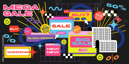 Acid cartoon retro discount frames. in memphis style, abstract geometric linear backgrounds in vibrant colors, promo shopping labels. Favorable discounts 25% 50%, black friday