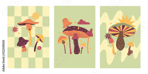 Collection poster magic hallucinogenic mushrooms. Fantasy cute elements. Retro cartoon mushrooms. Abstract hand drawn design. Vector flat illustration on an isolated background.