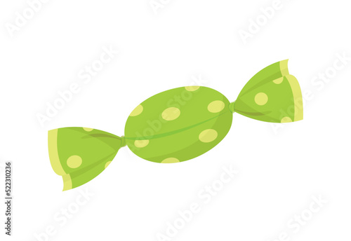 Candy in green packaging. Sweets and gifts for children. Food for tea or coffee. Sticker for social networks and graphic elements for website. Caramel, sugar. Cartoon flat vector illustration