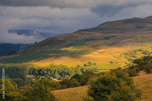 View of the green hills in North UK. Sheep in the pasture. Cumbria.