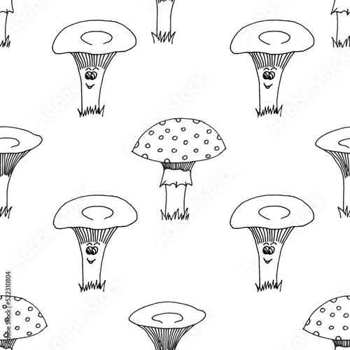 A pattern of fly agarics and chanterelles with eyes and smile on white background. Beautiful seamless background of toadstools. Vector illustration with mushrooms.