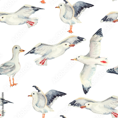 Watercolor seamless pattern. Seagulls pattern. Kids print. Birds wallpaper. Design for nursery, children, baby, fabric, textile, home decor, bedding. Fun kids pattern with animals.