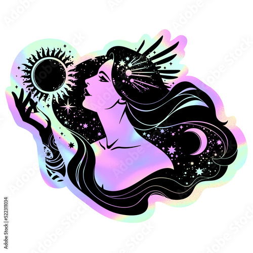 the image of the esoteric goddess of the night on a holographic background