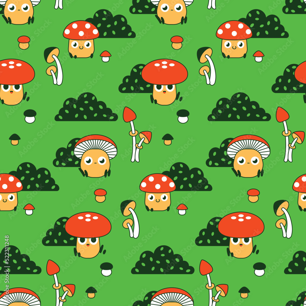 Fototapeta premium Seamless pattern with cute cartoon mushrooms. Surface design with retro mushroom characters, pretty fly agaric and other plants on a green background. Vector illustration.