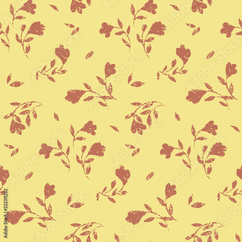 Seamless floral pattern  ditsy print with autumn mood. Vintage botanical background design with hand drawn textured plants  small sparse flowers  leaves. Vector illustration.