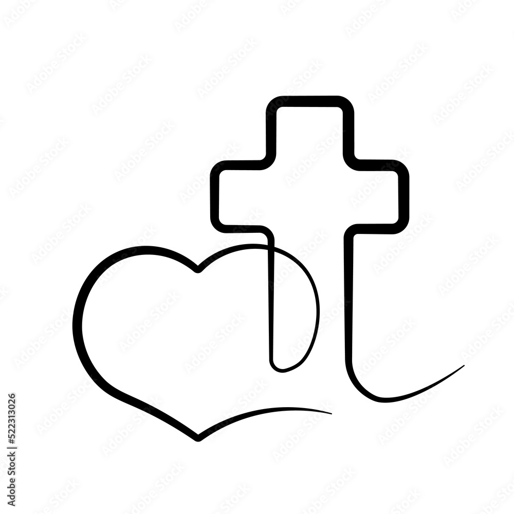 Christian icon Cross and heart in linear. Black and White Christian icon Cross and heart in linear. Black and White
