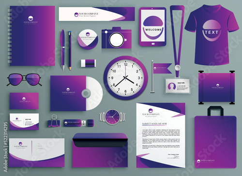 Corporate Branding identity template design. Modern Stationery mockup blue and purple color. Business stationery and documentation. Full brand identity vector illustration.