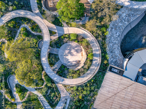 Aerial view of a spiral walkways with small amphitheater at the center in Austin, Texas