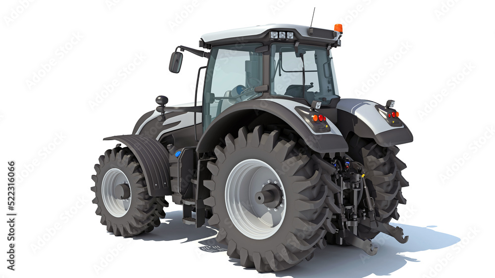 Farm Tractor 3D rendering on white background Farm Tractor 3D rendering on white background