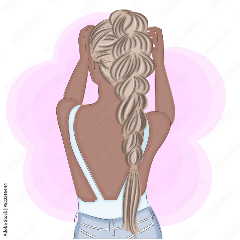Fashionable blonde with a braid, back view, fashionable print vector illustration
