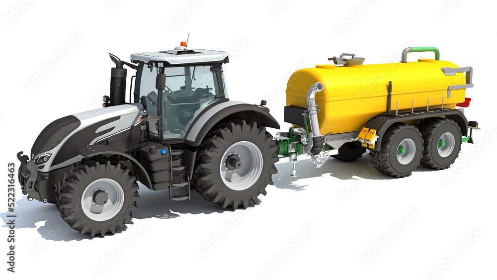 Farm Tractor with Trailer 3D rendering on white background Farm Tractor with Trailer 3D rendering on white background