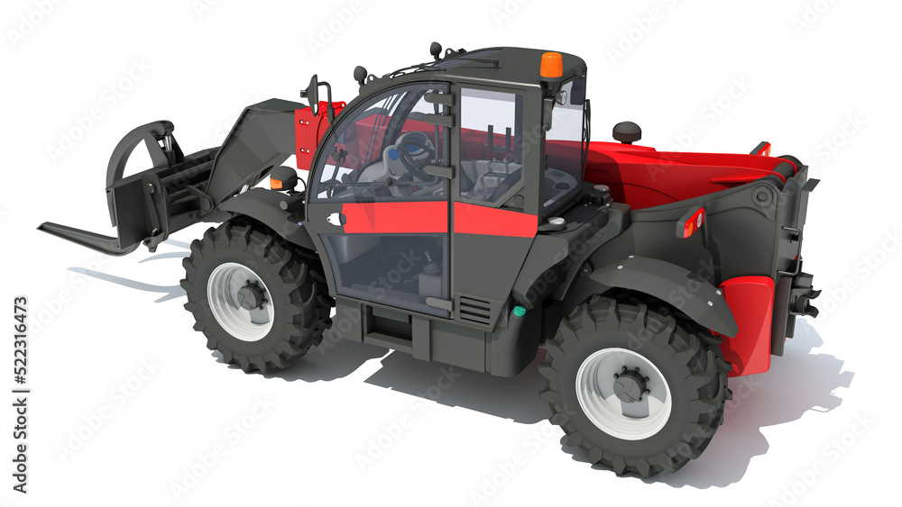 Telehandler heavy construction machinery 3D rendering on white background