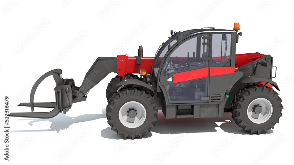 Telehandler heavy construction machinery 3D rendering on white background Telehandler heavy construction machinery 3D rendering on white background