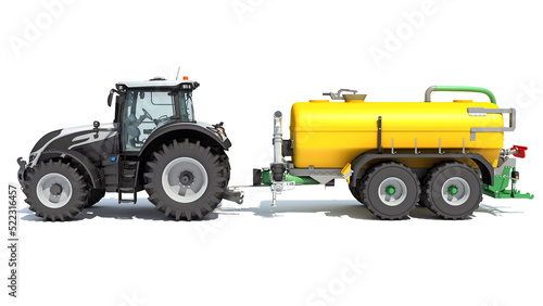 Farm Tractor with Trailer 3D rendering on white background