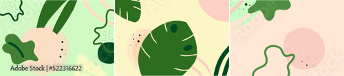 Set of three abstract tropical illustration backgrounds with 80s style and summer color blocked patterns in vector format 