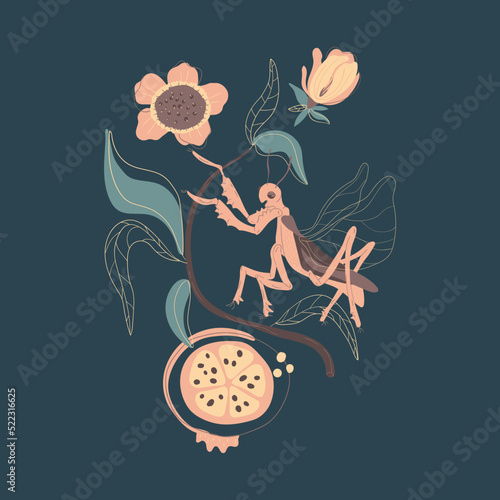 Magic moon night garden with insect moths flowers and plants