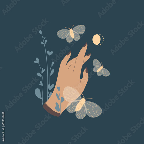 Magic moon night garden with insect moths flowers and plants