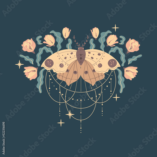 Magic moon night garden with insect moths flowers and plants