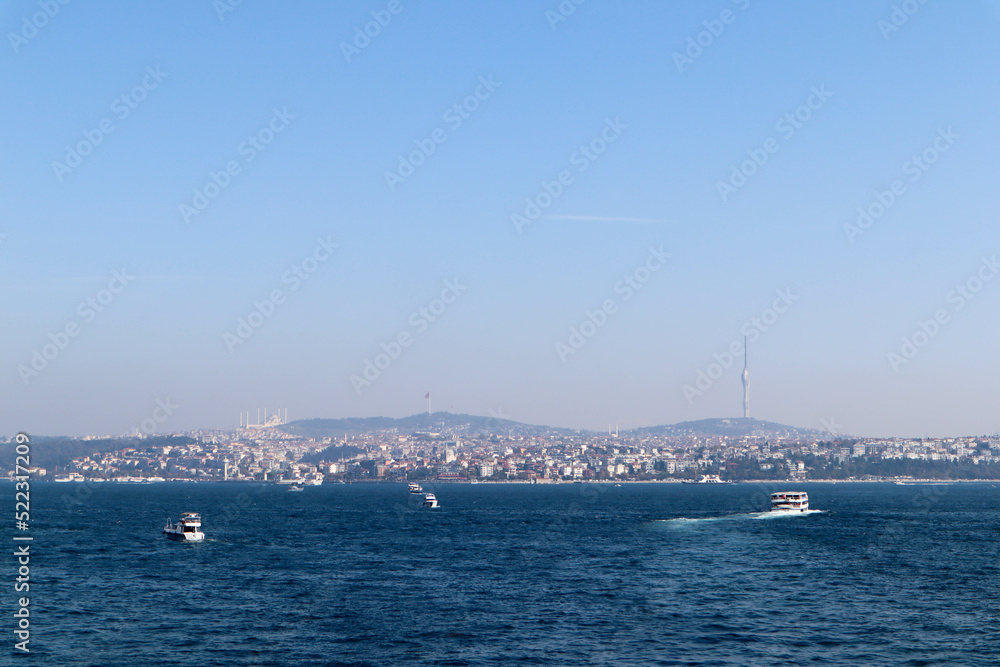 view of the bosphorus strait in Istanbul, Turkey in the bright sunny day