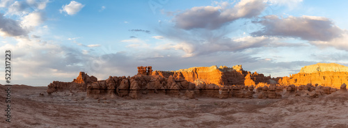 Red Rock Formations in Desert at Sunset. Spring Season. Goblin Valley State Park. Utah, United States. Nature Background Panorama © edb3_16