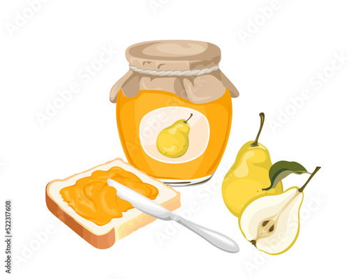 Vector pear jam set. Spread on piece of toast bread, knife, glass jar with jelly and ripe fruit isolated on white background. Cartoon sweet food illustration.