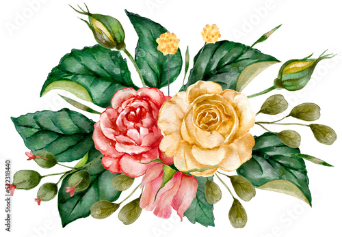 Cuadro en lienzo Watercolor red and yellow rose romantic flower border illustration