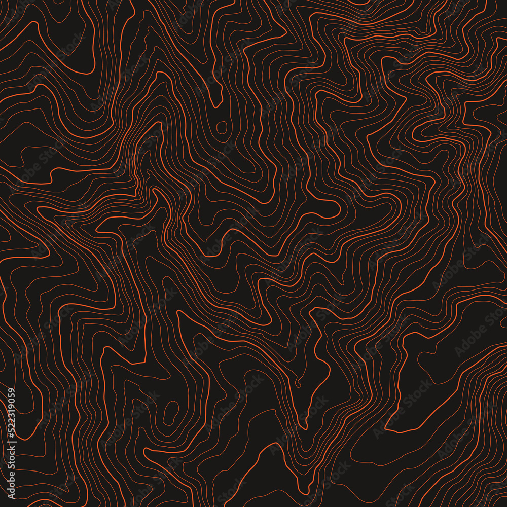 The stylized height of the topographic map contour in lines and contours. The Conditional geography scheme and the terrain path. Orange stroke on dark background . 1x1 size. Vector illustration.