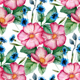 Watercolor rose hip romantic retro seamless pattern.