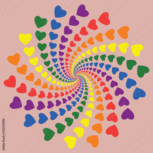 Circle with hearts in LGBT colors. Abstract colorful spiral on pink background.