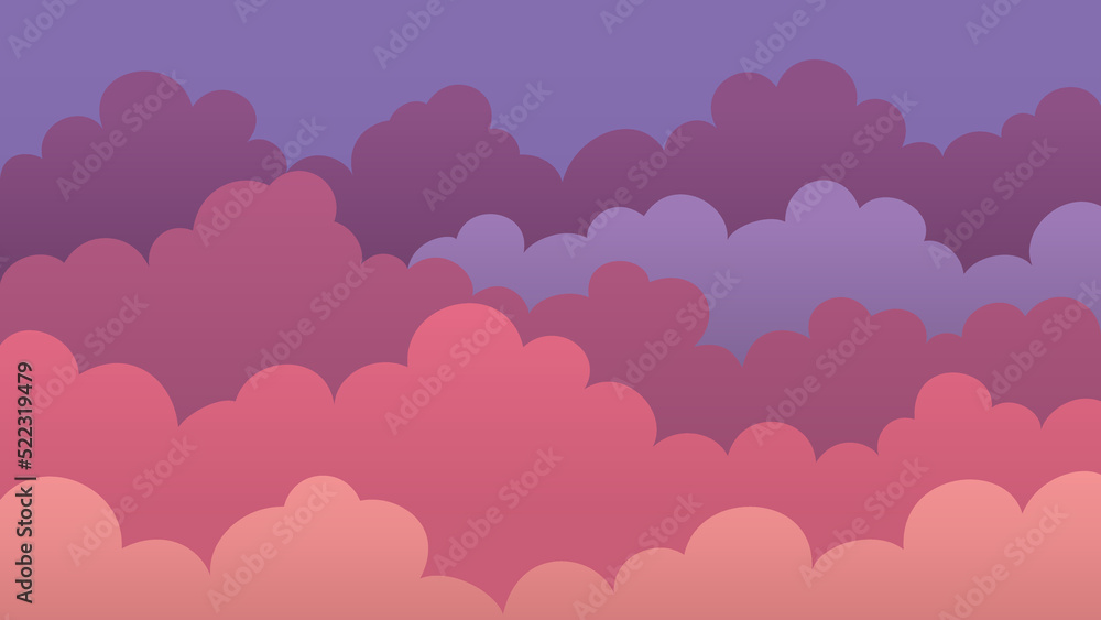 Sky and lush purple red Clouds, Beautiful Background. Stylish design with a flat, cartoon poster, flyers, postcards, web banners. Holiday mood, airy atmosphere. Isolated Object. Vector illustration.