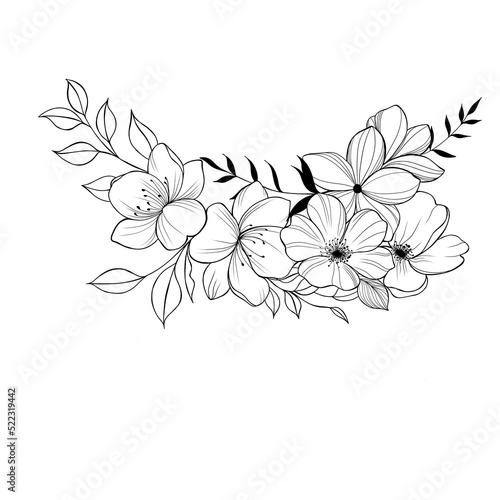 Beautiful sketch of a tattoo - a delicate twig with flowers . Flowers Periwin...