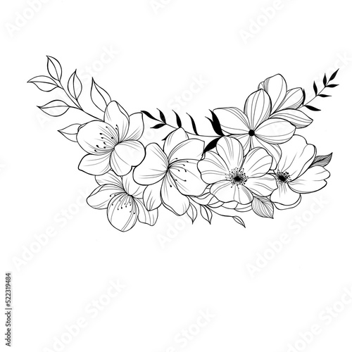 Beautiful sketch of a tattoo - a delicate twig with flowers . Flowers Periwin...