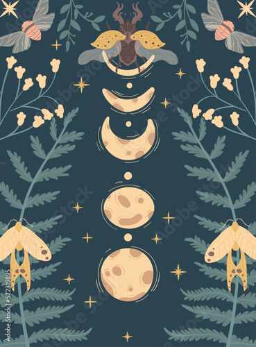 Magic moon night garden with insect moths flowers and plants