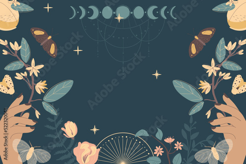 Magic moon night garden with insect moths flowers and plants