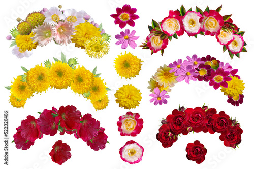 Fototapeta Floral wreaths on the head of different colors isolated on white background