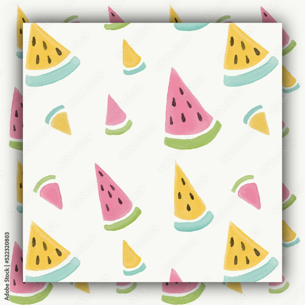 Seamless background with watermelon slices. Bright watercolor sketch of watermelon. Template background and wrapping paper, the backdrop of postcards and cards. Seamless background with watermelon slices. Bright watercolor sketch of watermelon. Template background and wrapping paper, the backdrop of postcards and cards.
