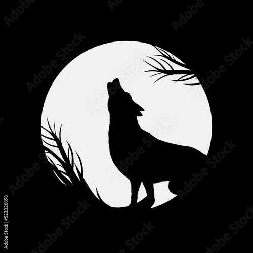 The wolf howling at the moon. Silhouette of animal in the night. Halloween background.