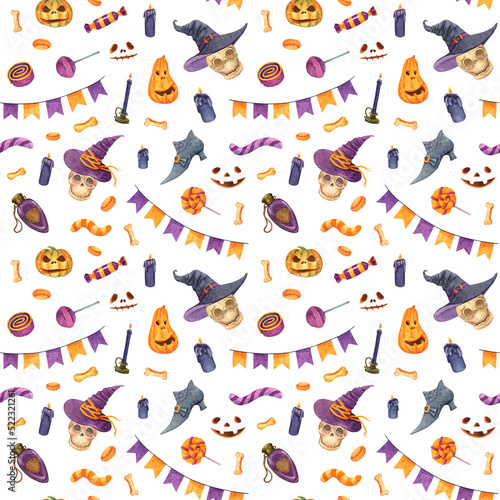 Watercolor halloween seamless pattern. Cartoon skull, witch hat, jack-o-lantern pumpkin