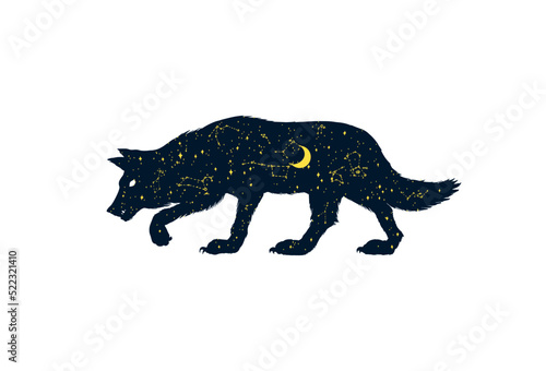 The wolf howling at the moon. Silhouette of Magical animal with crescent moon and stars in the night. Pagan totem. Halloween icons for Sticker  print or tattoo