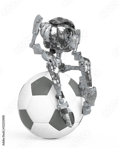 out of date robot is sitting on the football ball in white background