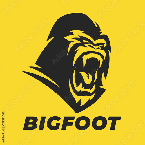 Silverback Gorilla scream logo. Angry bigfoot icon. Yeti symbol. Sasquatch emblem. Mythical cryptid ape creature face. Vector illustration. photo