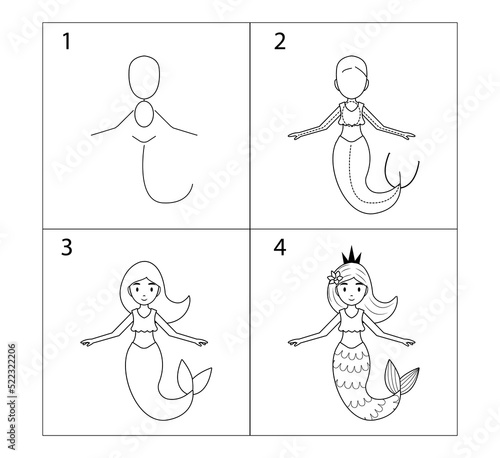 Step-by-step explanation with pictures. How to draw a mermaid. Cute children's drawing, coloring book with a magical underwater character. An illustration for a drawing tutorial. photo